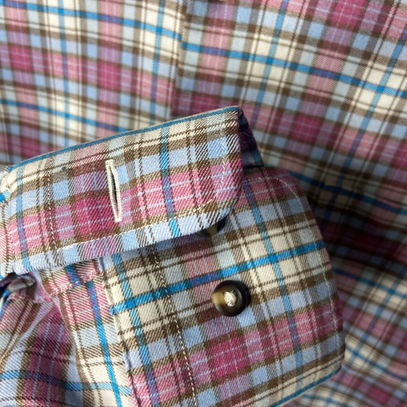 Peter Millar Crown Sport soft button down short plaid purple blue white Sz large - Picture 5 of 7